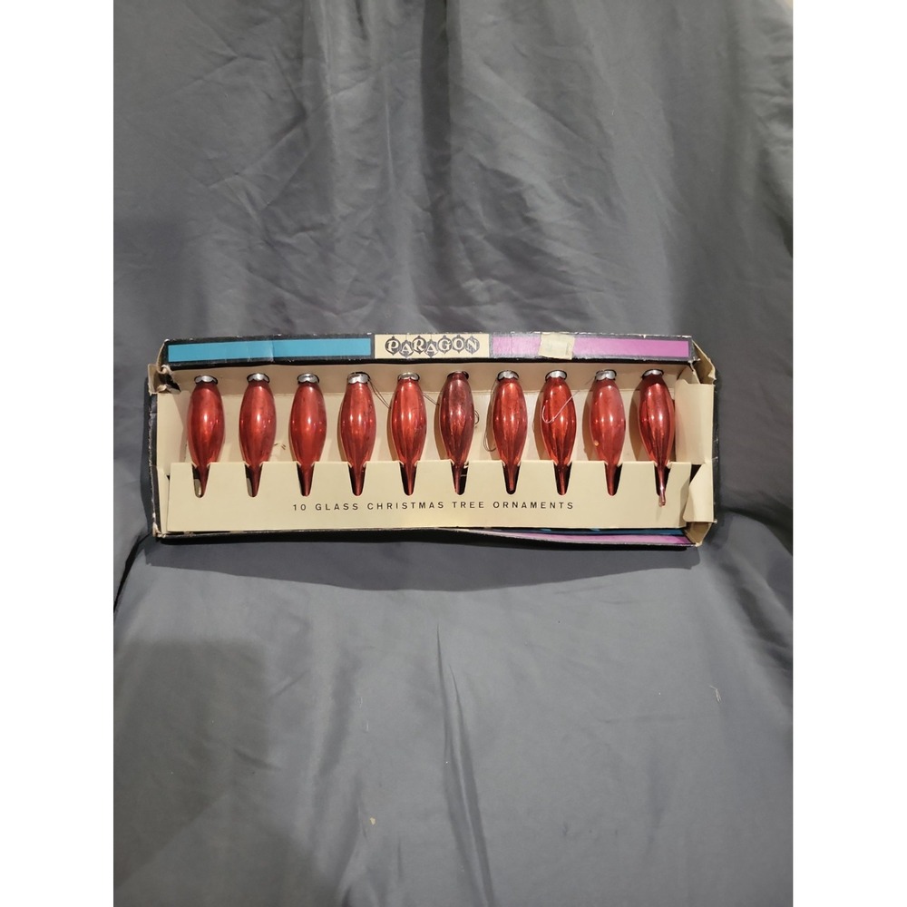 10 Glass Vtg Paragon Teardrop Icicle Christmas Ornaments 5" Red In Original Box